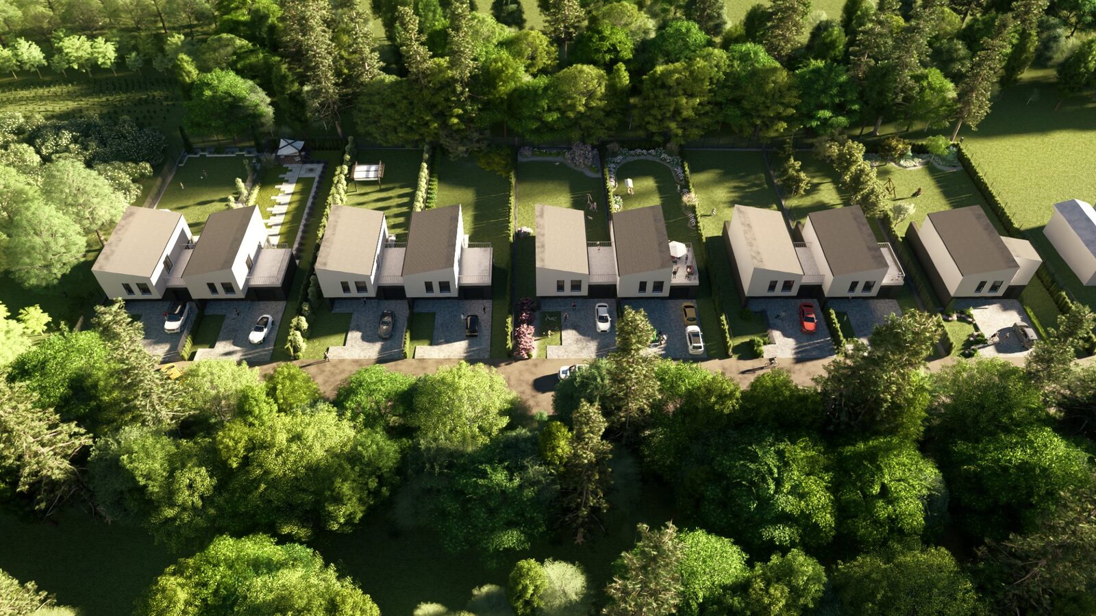 Osiedle domków szeregowych — widok z lotu ptaka